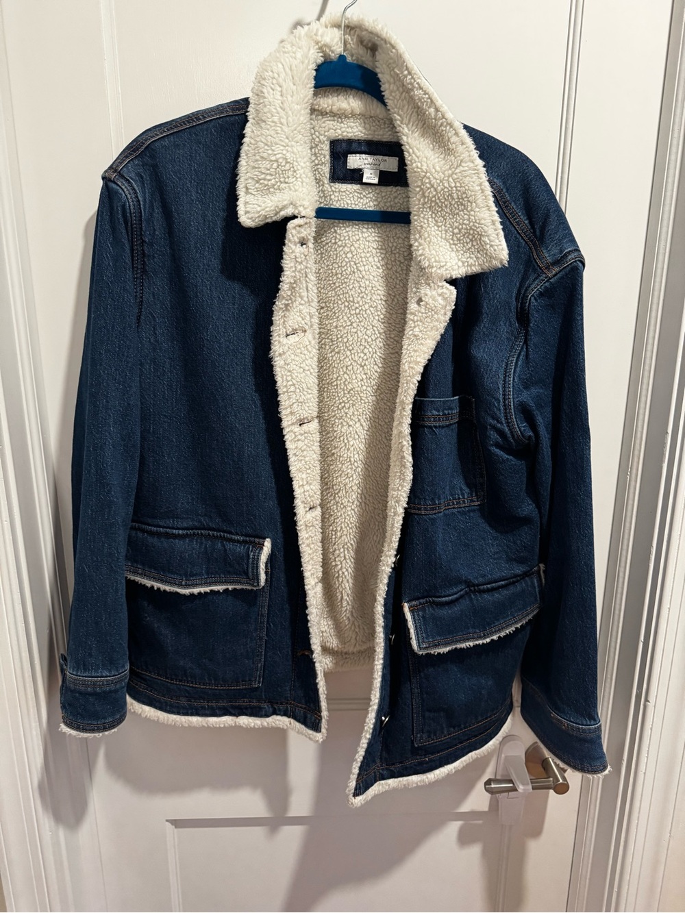 Ann Taylor Sherpa-Lined Dark Blue Denim Jacket with Cream Fur